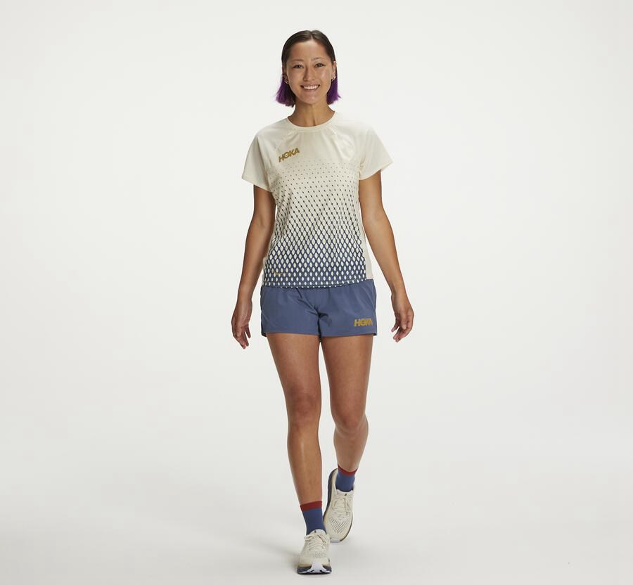 Top Hoka One One Mujer Azules/Blancos - Performance Short Sleeve - ZSGA08312